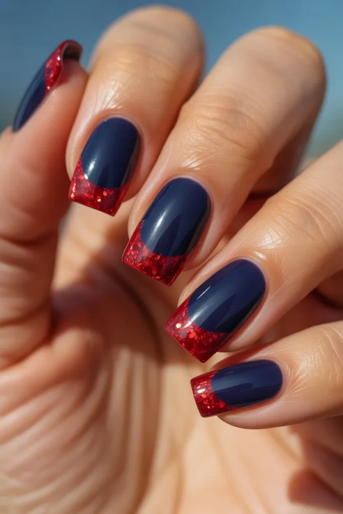 16 Red Glitter Tips with Navy Base · Beginner