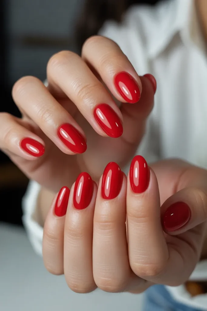 16. Classic Red Oval Nails — The Timeless Choice