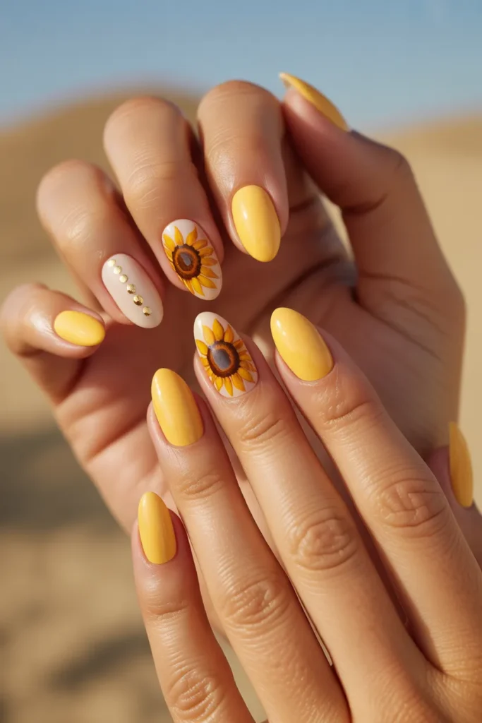 16. Coachella Nails Short Almond With Sunflower Art — Sunshine in Miniature