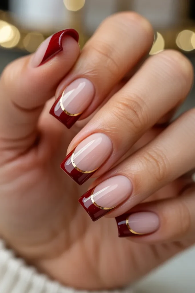 16. Dark Red Tips with Gold Line Detail