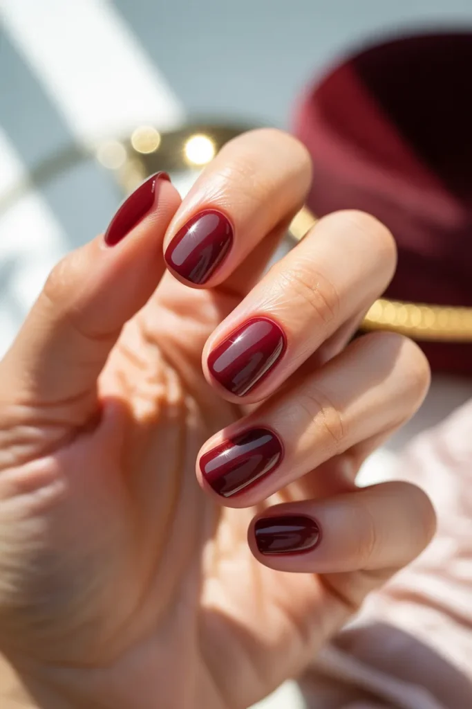 Short Acrylic Nails 17 16. Deep Burgundy Glam
