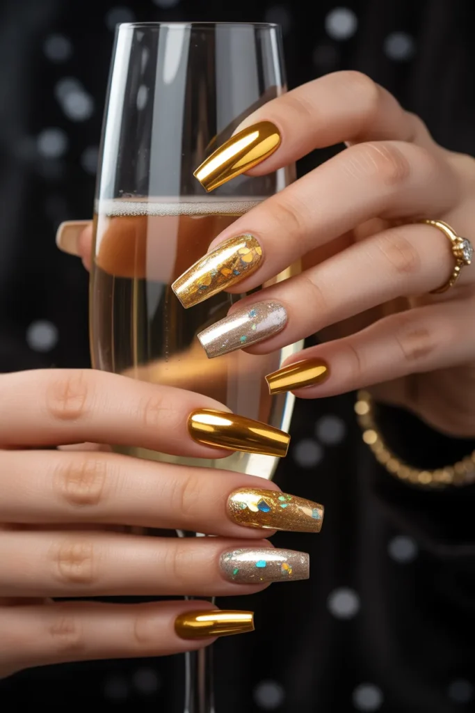 16. Gold Chrome Holiday and New Year Nails