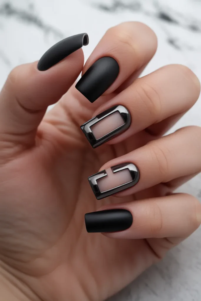 16. Goth Gel Nails — Dark Chrome Geometric Negative Space