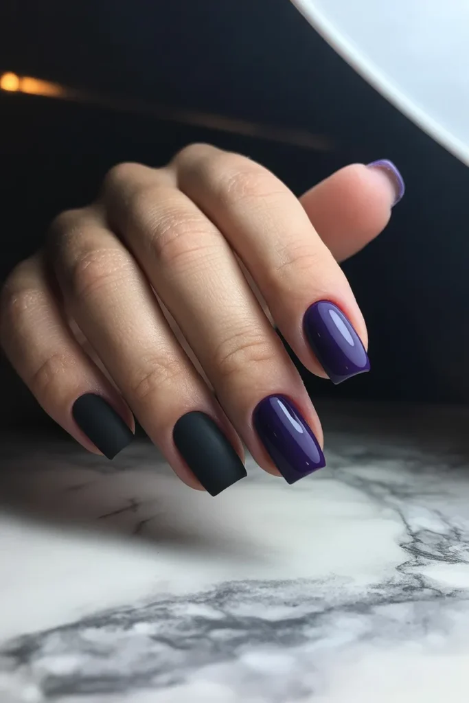 16. Matte Black and Glossy Purple — The Finish Contrast Trick
