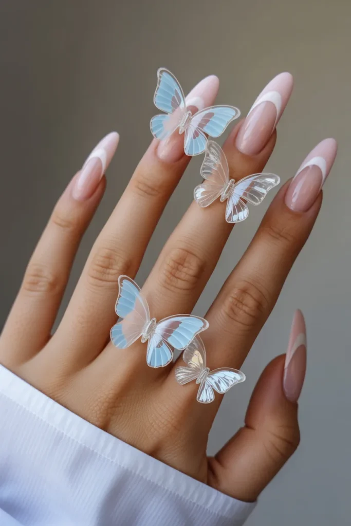 16. Pastel Pink Nails with Butterflies — Whimsical Meets Polished