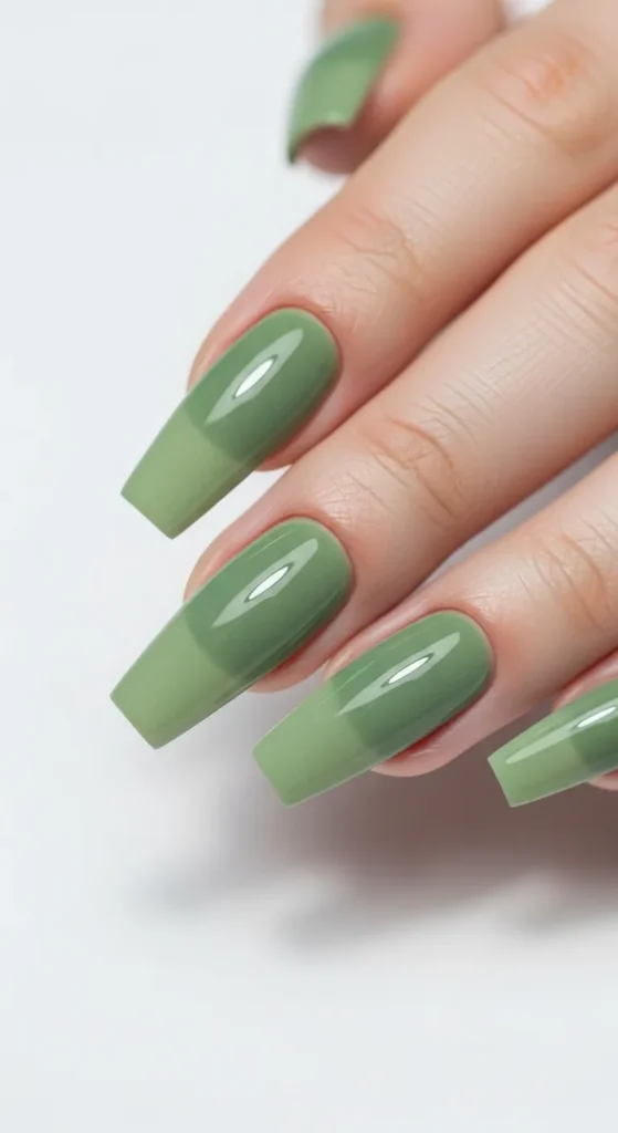 16. Sage Green Coffin Acrylic Nails That Feel Grounded Fresh and Quietly Bold