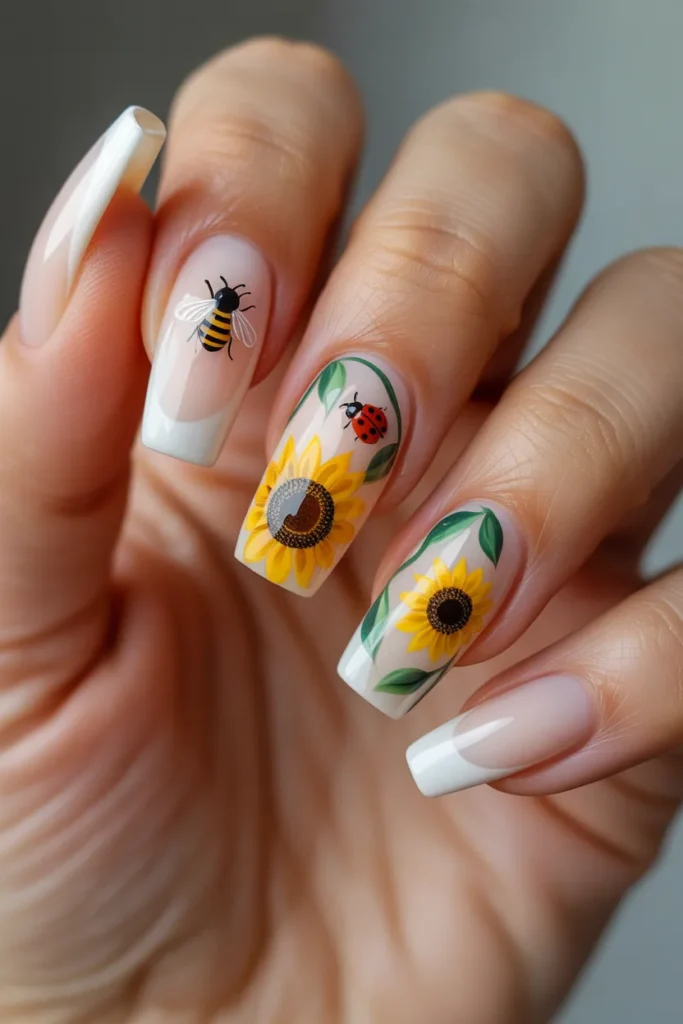 16. Sunflower Nails Design with Bee and Ladybug
