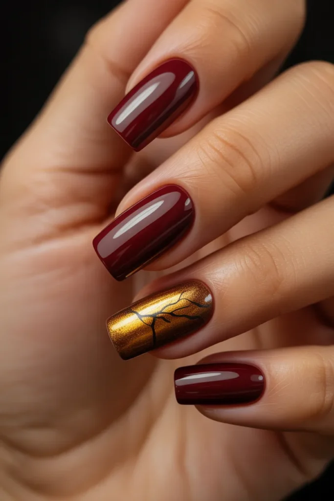 17 Maroon and Gold Nails — Autumn Luxury