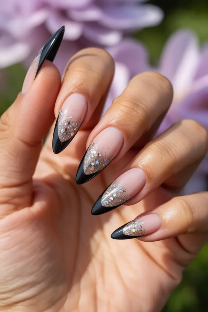 17. Black French Tip Nails with Glitter Fade