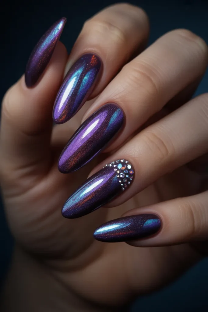 17. Dark Jewel Tone Coachella Nails With Holographic Galaxy Finish