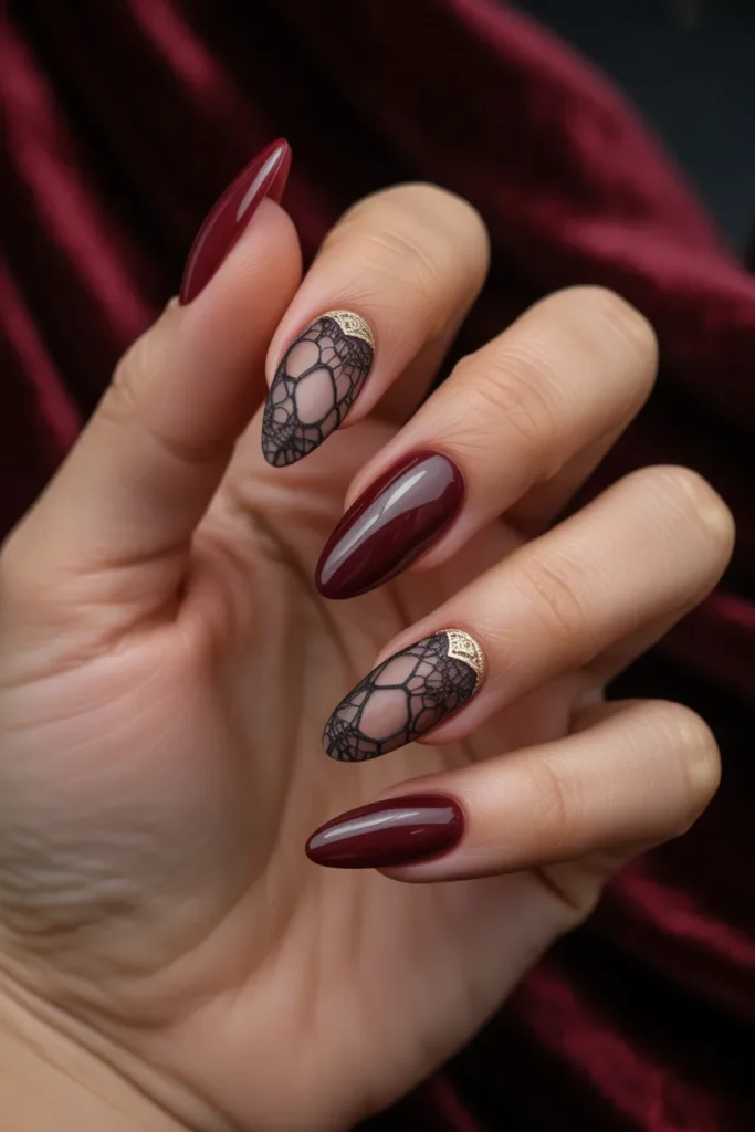 17. Dark Romance Nails — Lace Overlay on Burgundy