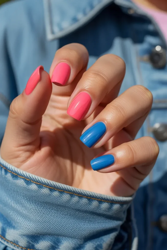 17. Pink and Blue Nails Short — Bright and Cheerful 1