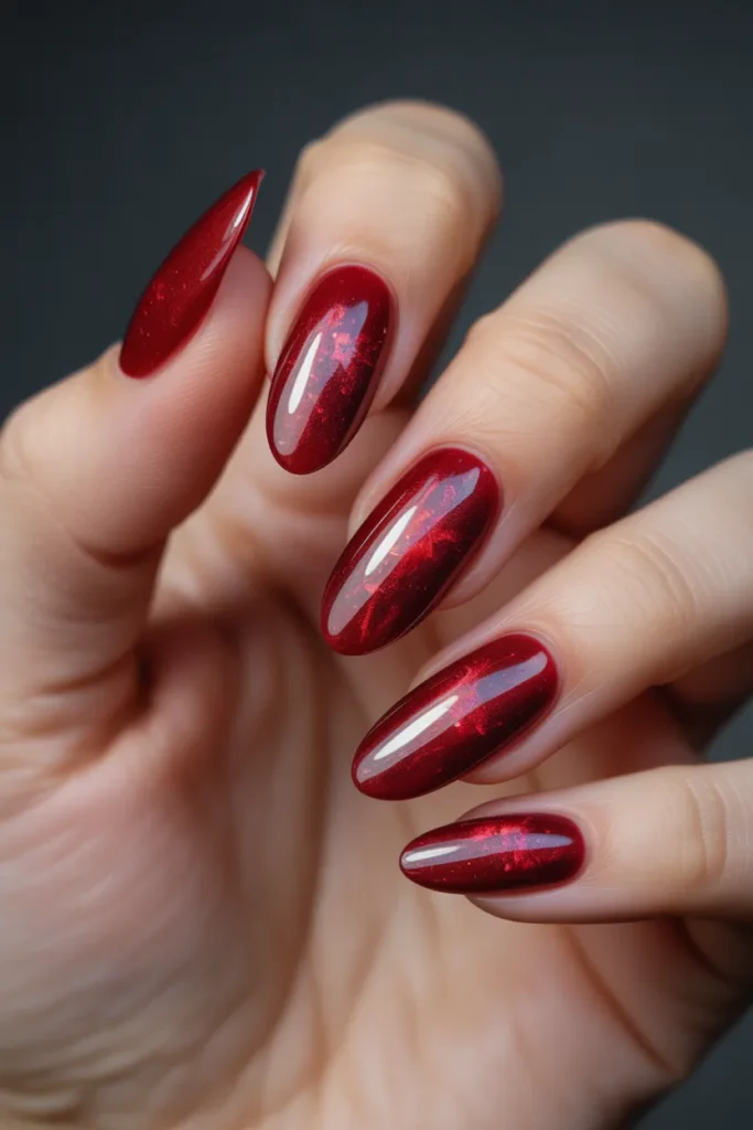 17. Red Cat Eye Galaxy Nails