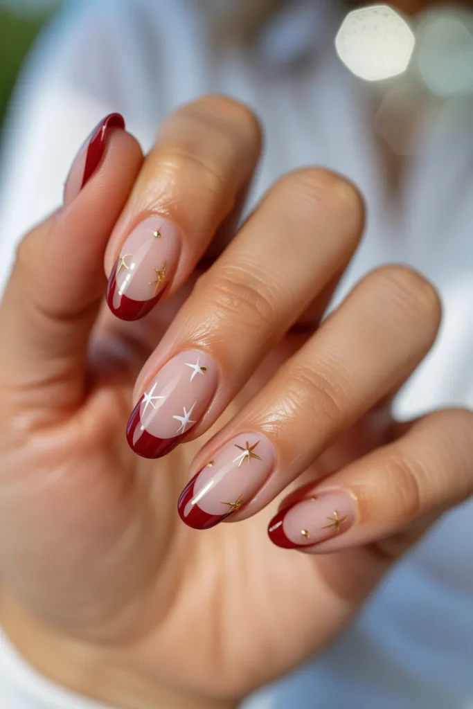 17. Red French Tips with Star Accents