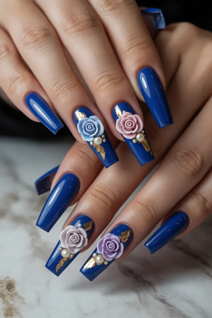 17. Royal Blue Acrylic Nails with 3D Nail Art