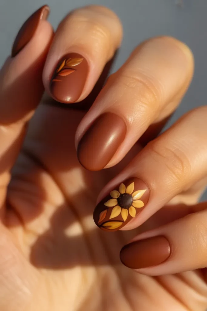 17. Sunflower Nails Design Simple for Fall Brown Base
