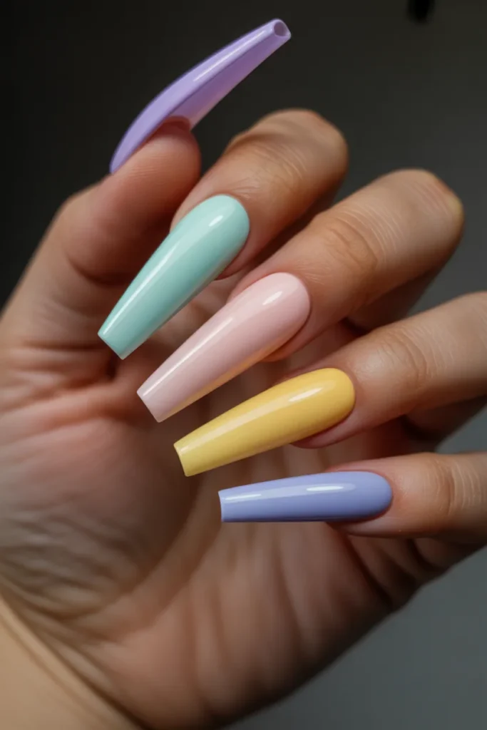 18 Long Coffin Acrylic May Nails — Pastel Set