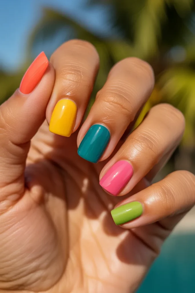 18 Short Square Summer Nails — Tropical Multi Colour