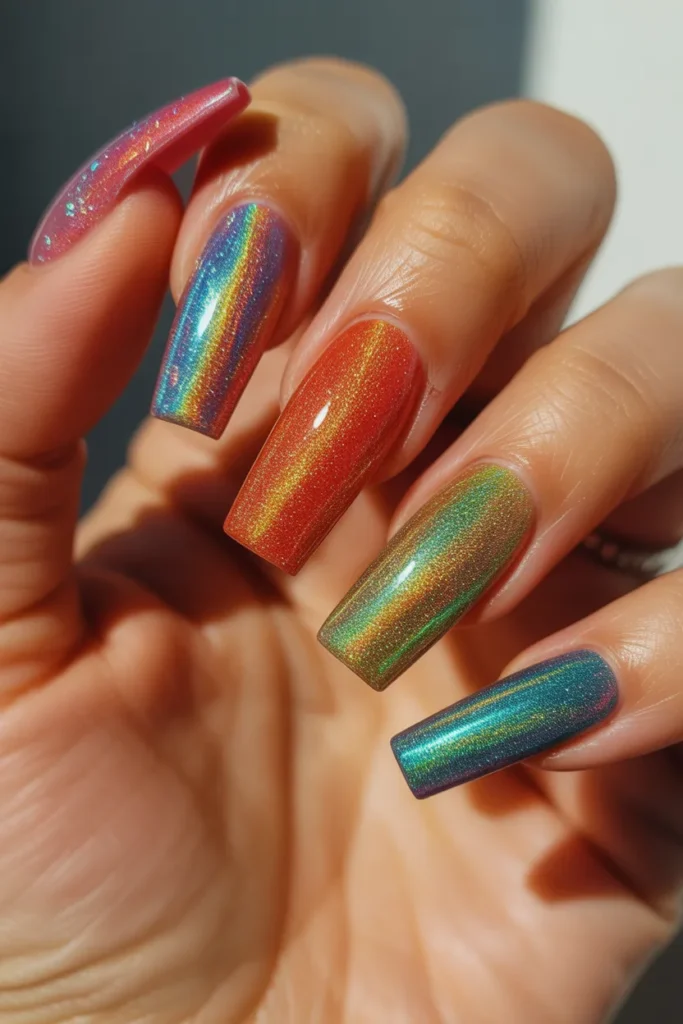 18 Summer Acrylic Nails 2026 — Holographic Rainbow · Intermediate