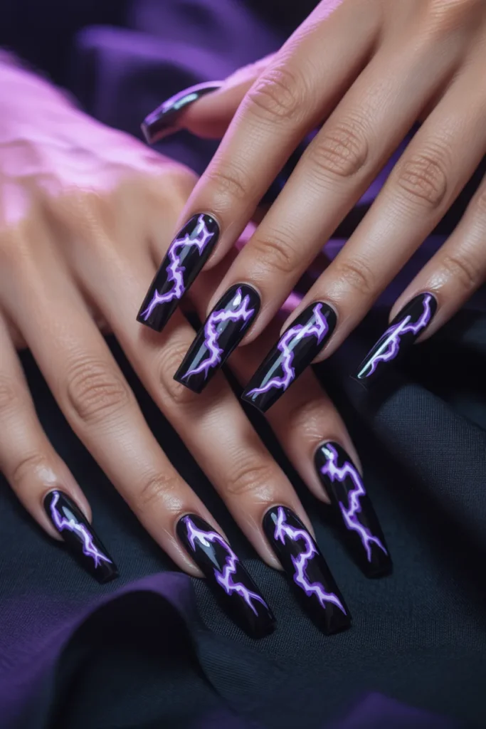18. Anime Inspired Black and Purple Nails