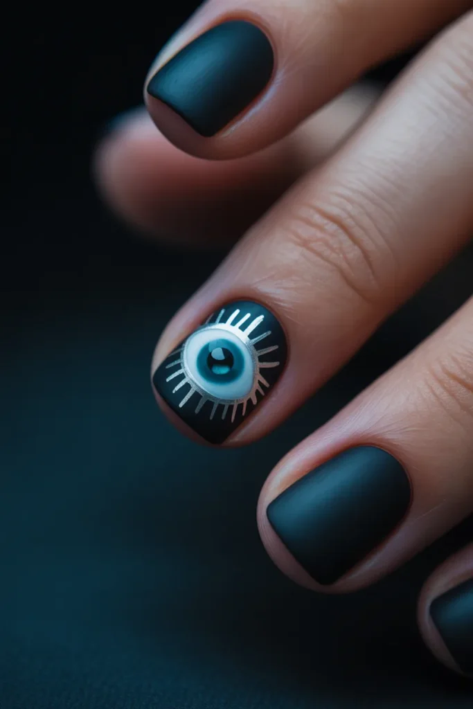 18. Black Nails with Evil Eye Detail — Silver on Matte