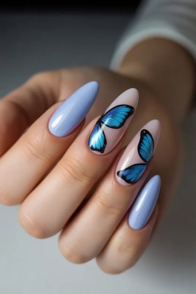 18. Blue Butterfly Wing Accent Nails