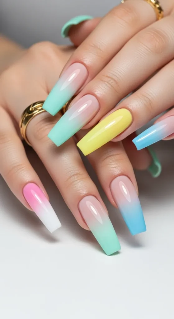 18. Multicolour Pastel Ombre Coffin Acrylic Nails That Celebrate Every Shade of Spring at Once
