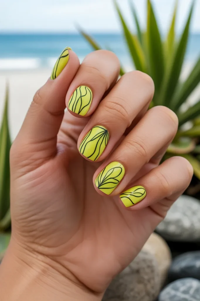 18. Neon Gradient with Black Line Art — 2026 Nail Trends Design