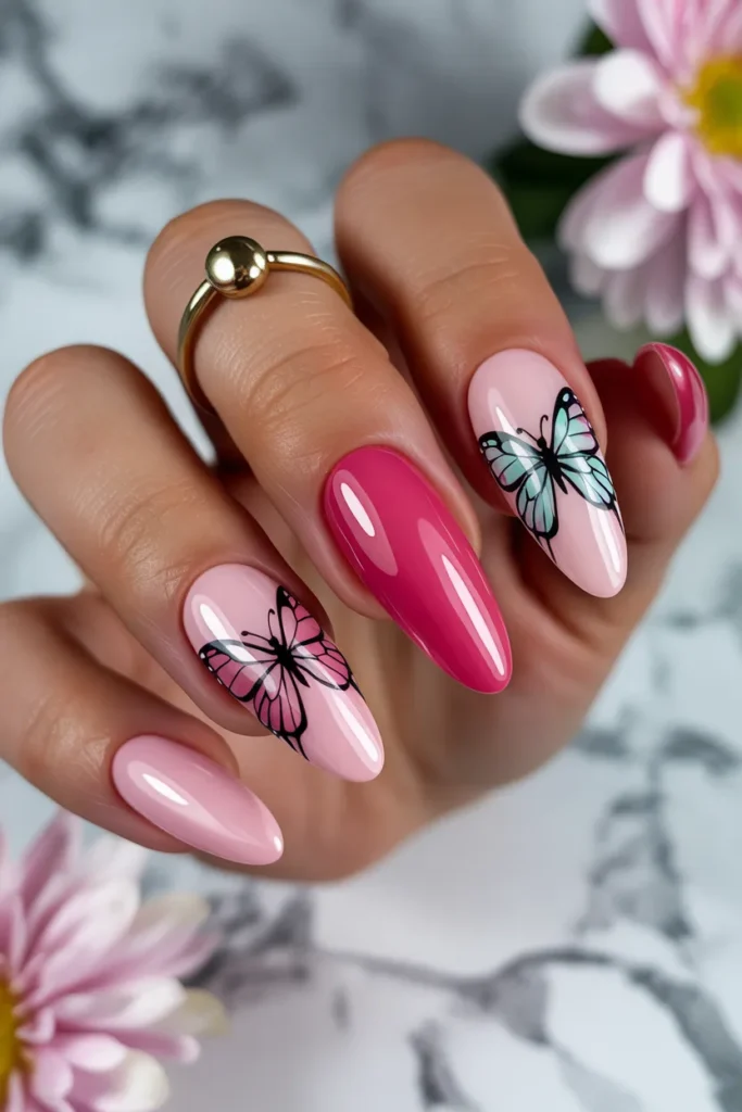 18. Pink Butterfly Nails