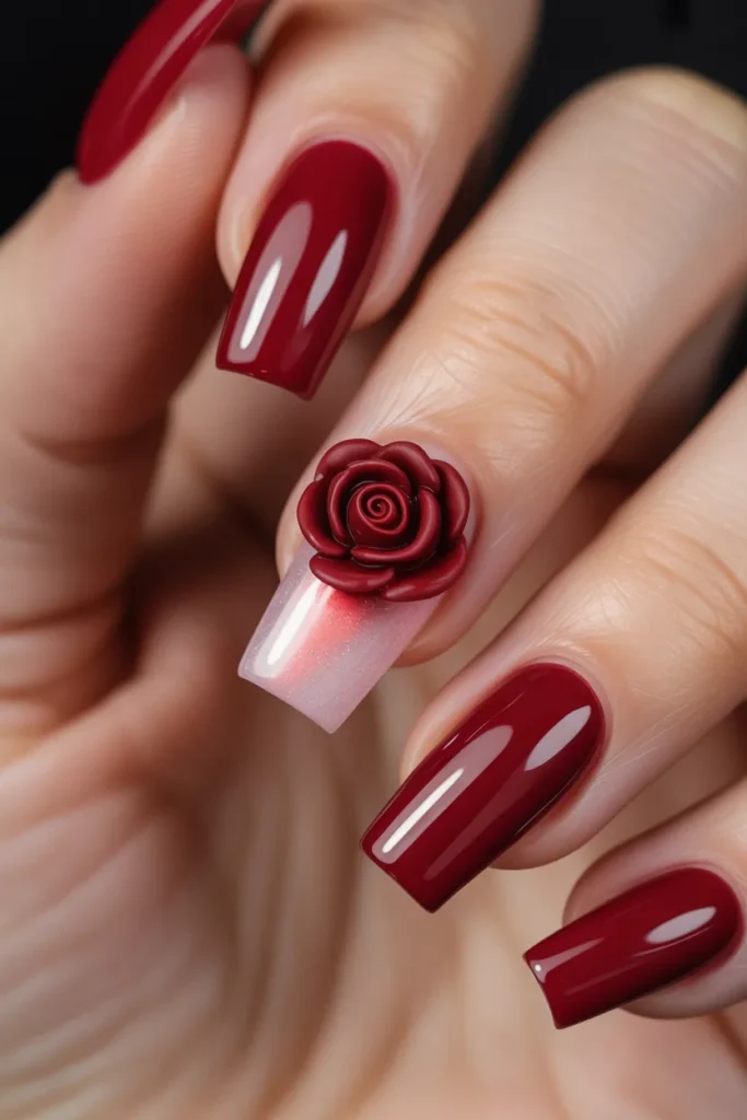 18. Red Cat Eye Nails with 3D Rose