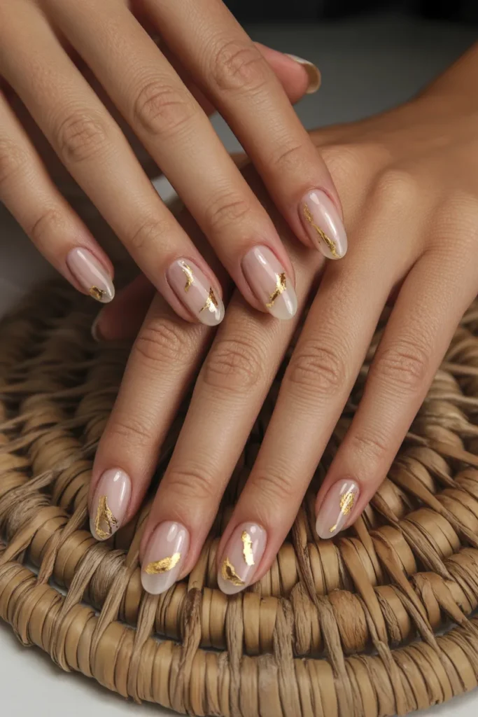 18. Soft Sheer Nails with Gold Foil Oval