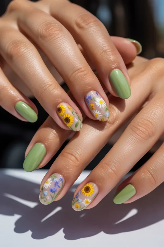 18. Sunflower Nail Ideas — Mixed Floral Set