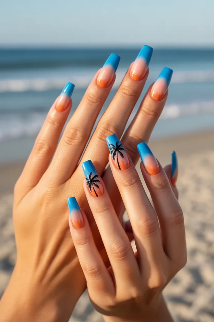 18. Vacation Gel Nails — Palm Tree Silhouette Accent