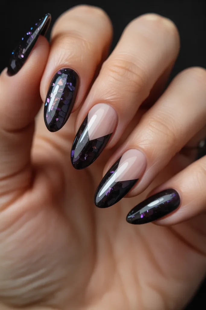 19 Black Glitter Nails Negative Space Design