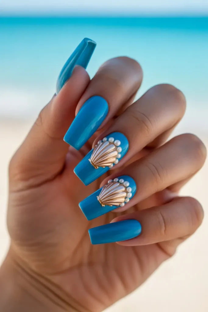 19. Aqua Blue Beach Nails with Shell Art