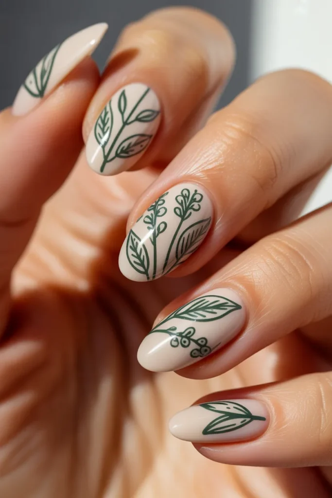 19. Botanical Line Art on Cream Dark Green Ink Style