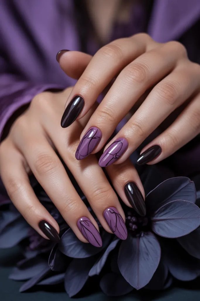 19. Dark Floral and Botanical Black and Purple Nail Designs