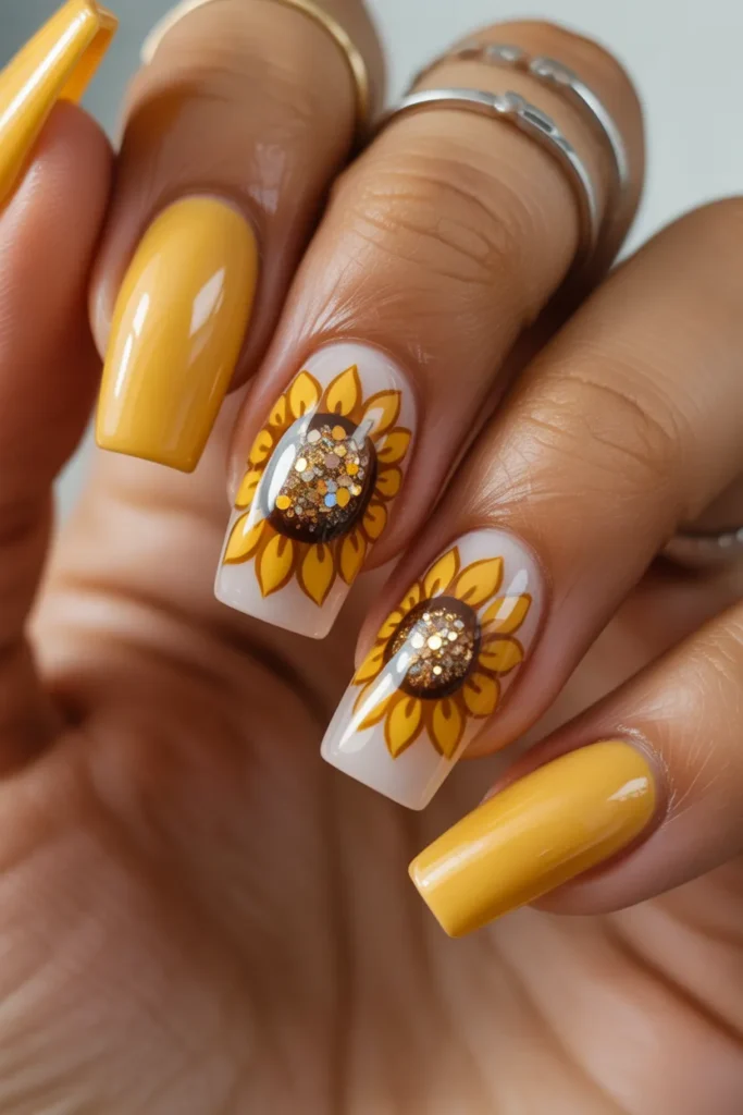 19. Glitter Sunflower Nails — Sparkle Edition