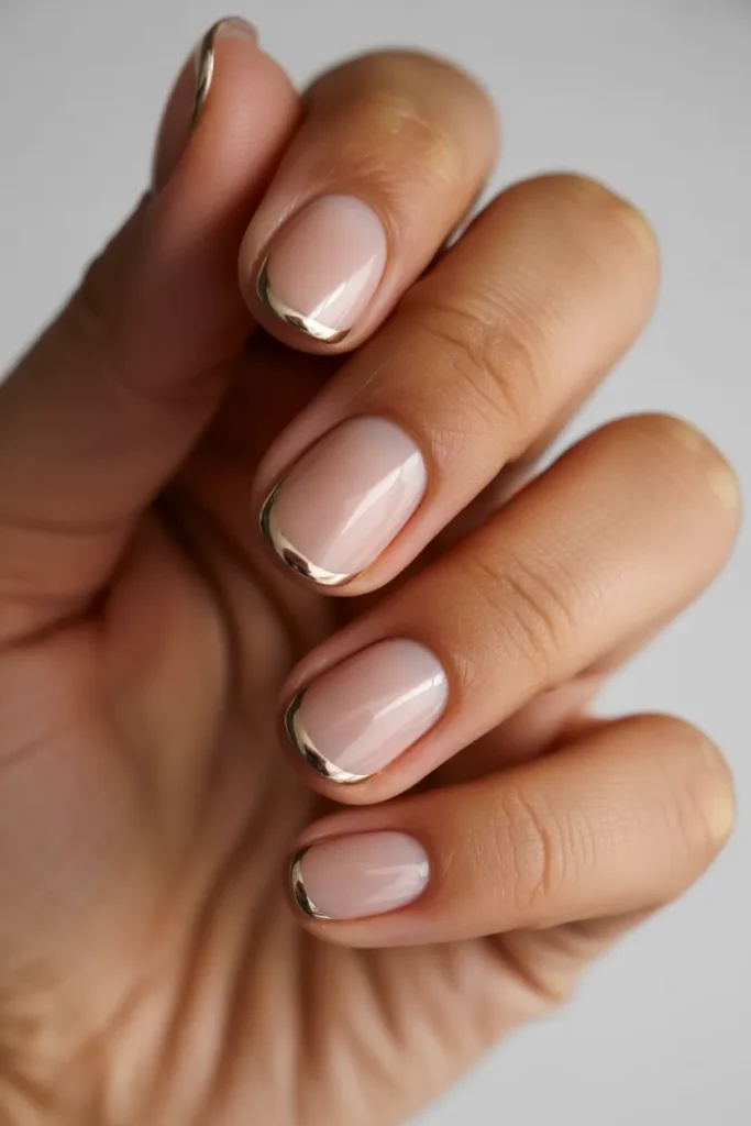 19. Micro French with Gold Chrome Nails