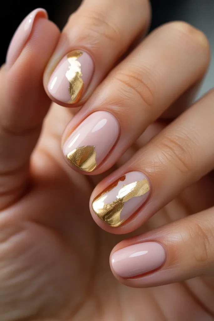 19. Pastel Pink Nails with Gold Foil — Understated Luxury