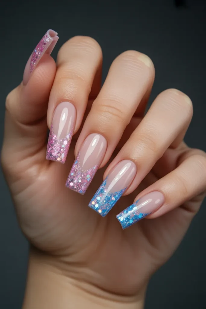 19. Pink and Blue Nails With Glitter Tips 1