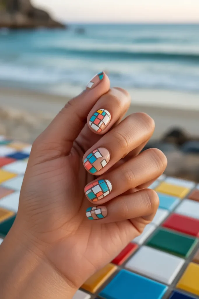 19. Playa Nails — Turquoise Mosaic on Sandy Nude