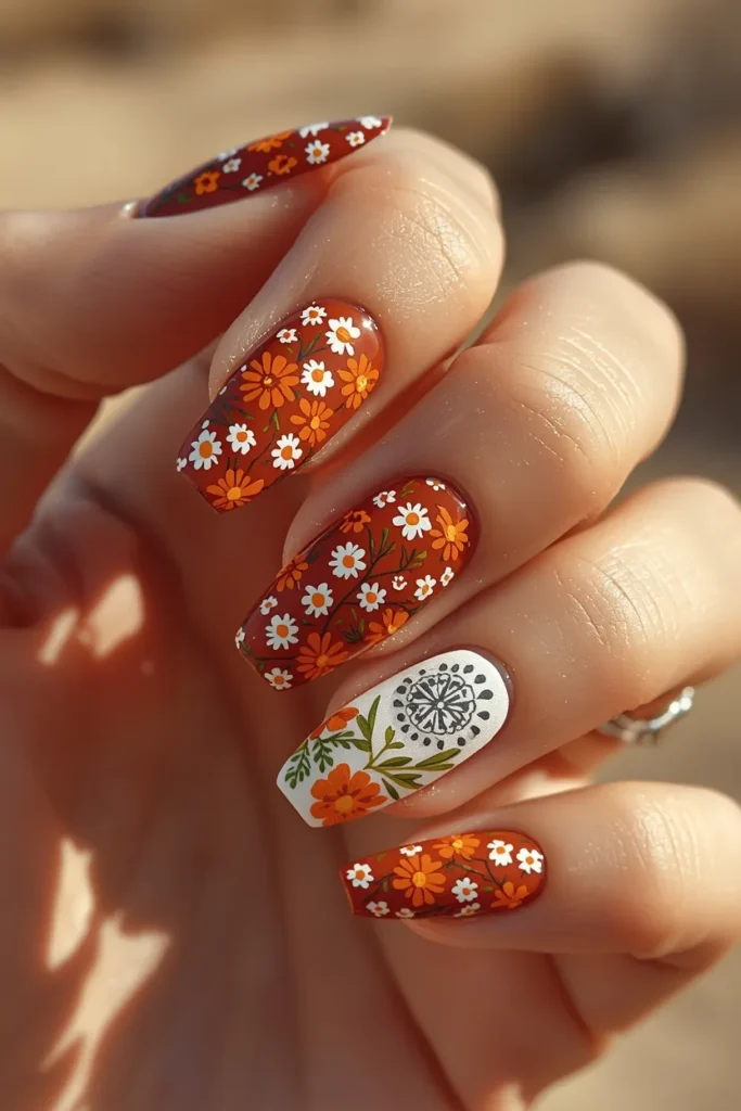 2. Boho Floral Coachella Nails That Feel Like a Desert Garden
