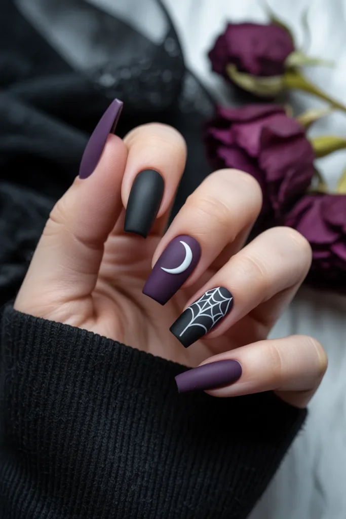 2. Gothic Black and Purple Coffin Nails with Spider Web Accents