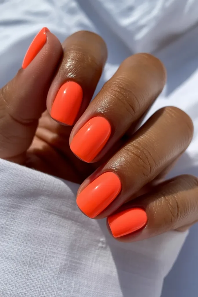 2. Neon Coral Square Tips — Bright Unapologetic