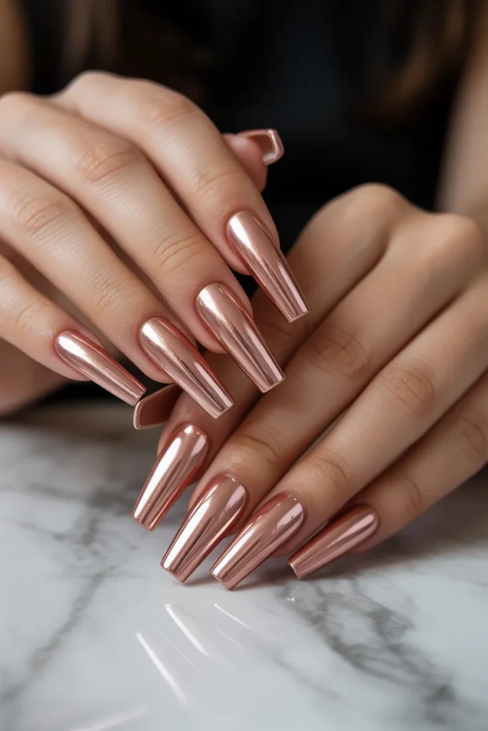 2. Rose Gold Chrome Nails — The Warmer Alternative