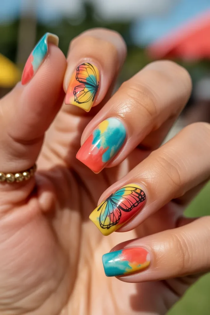 2.Summer Butterfly Nails Tropical Watercolor Wings
