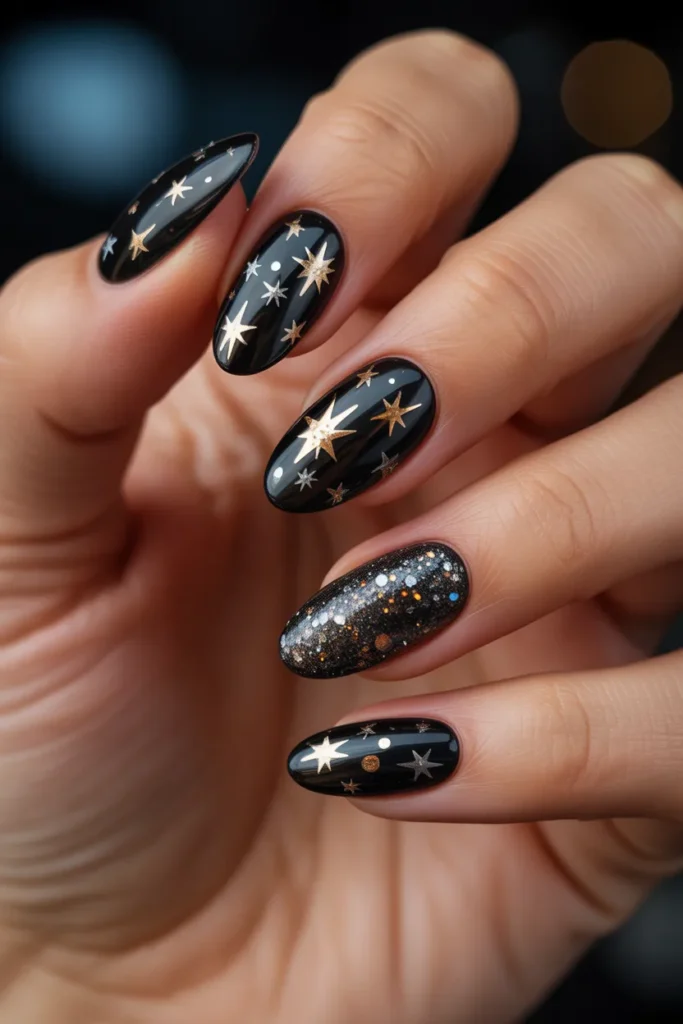 20 Black Glitter Nails with Star Art