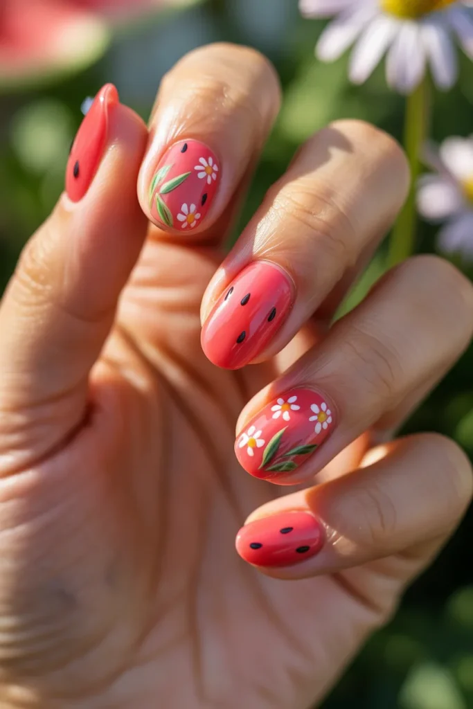 20 Watermelon Nails with Flowers — Garden Theme · Intermediate