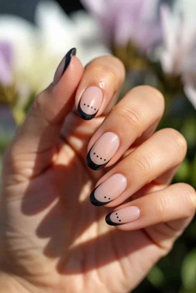 20. Black French Tip Nails with Minimal Dots